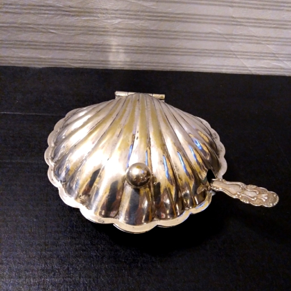 E. P. N. S. Clam Shell Butter Dish with Glass Insert and Spoon